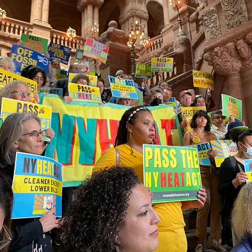 group holding signs on stairs