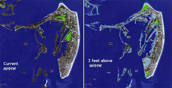 Map showing water levels at Tybee Island, Georgia