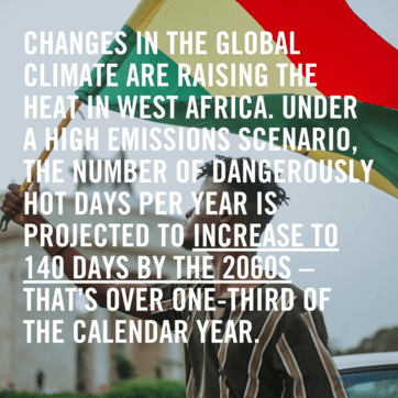Man waving Ghana flag. “Changes in the global climate are raising the heat in West Africa. Under a high emissions scenario, the number of dangerously hot days per year is projected to increase to 140 days by the 2060s – that’s over one-third of the calendar year.”]
