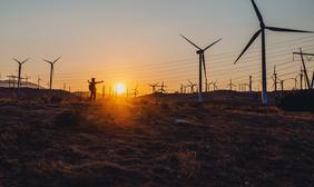 Person walking among turbines at sunset