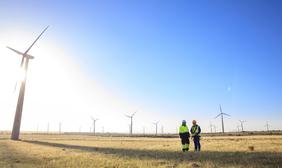 Two people overlooking wind turbines.