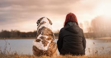 Woman and Dog by lake at sunset