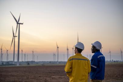 Two people overlooking wind turbines.