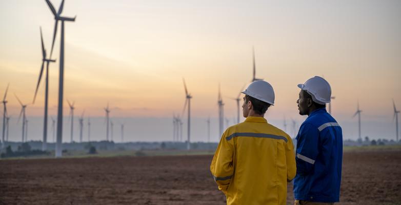 Two men observing a turbine field
