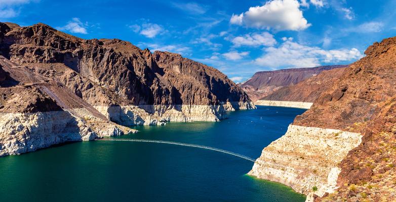 View of the colorado river from an arid mountainous canyon