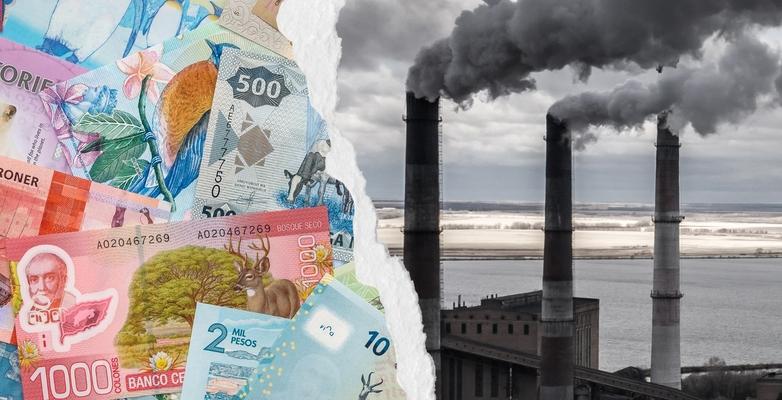 World currency next to smoke stacks