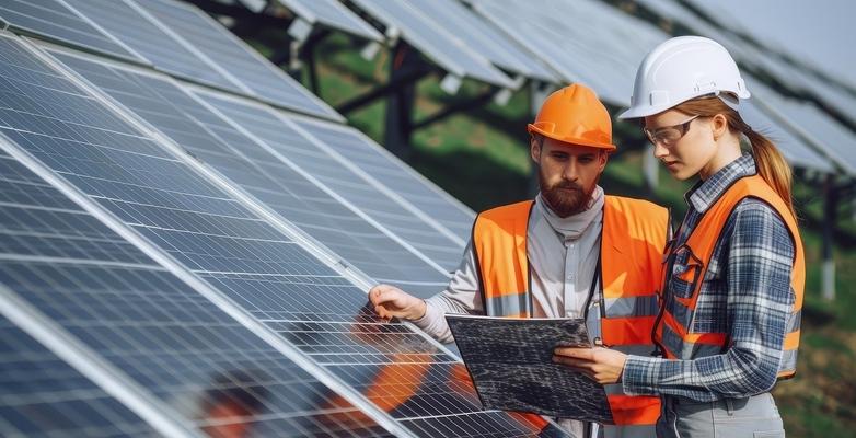 Woman and man inspecting solar panels